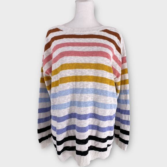Talbots Sweaters - Talbots Slub Cotton Bateau Rainbow Stripe Pullover Sweater w/ Button Detail XL